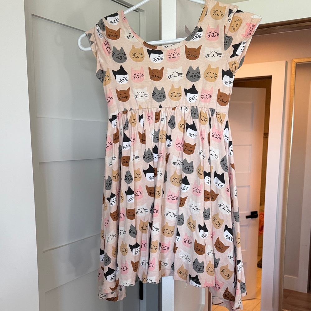 Charming Cat Print Kids Dress in Pink and Brown